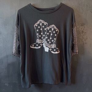 Social Scene Black Cowboy Boots Rhinestone Fishnet Sleeve Top Medium Western Y2K